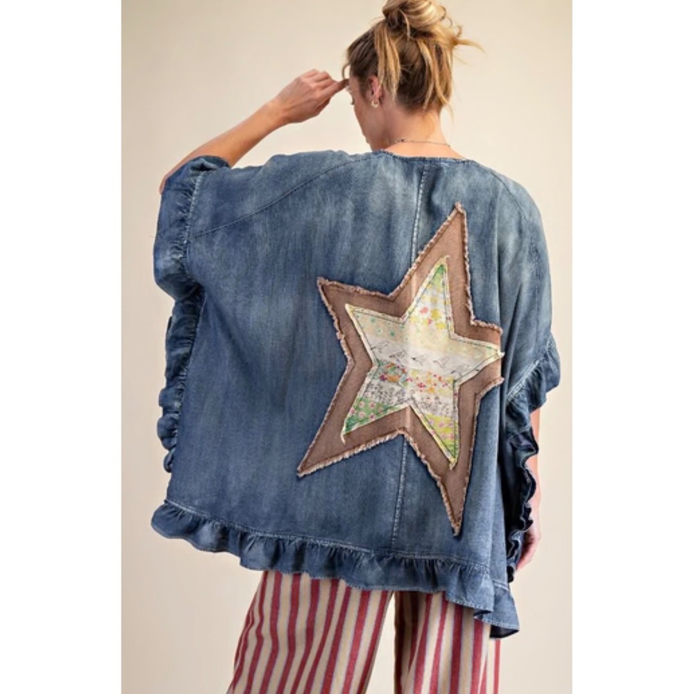 Easel M Tencel Chambray Star Patch Ruffle Kimono Boho Oversized Shabby Chic